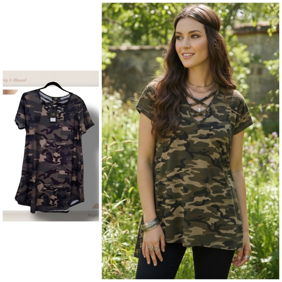 Lucky & Blessed Tops - 🌿Lucky & Blessed Women's Camo Cross Strap 3.4 Sleeves Tunic-Soft and Adorable!